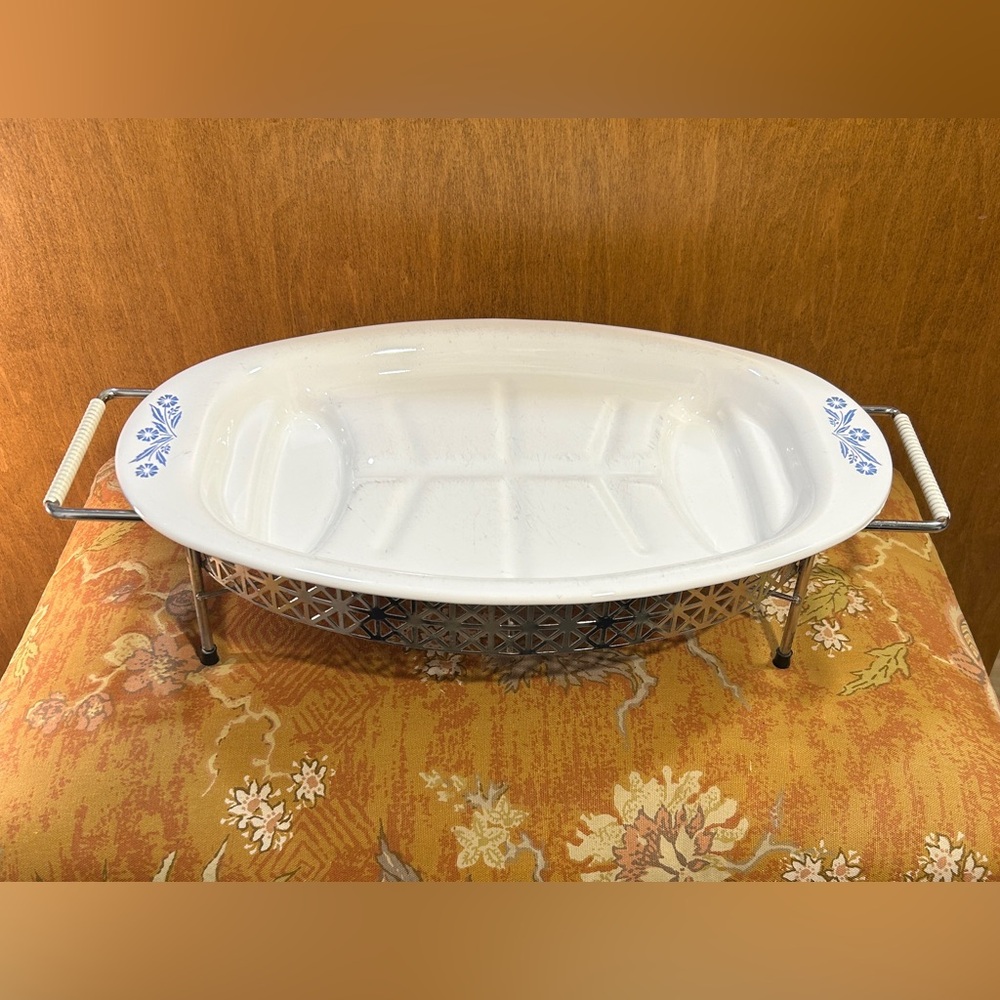 Vintage Corningware Blue Flower Meat Platter /  Serving Dish with Stand